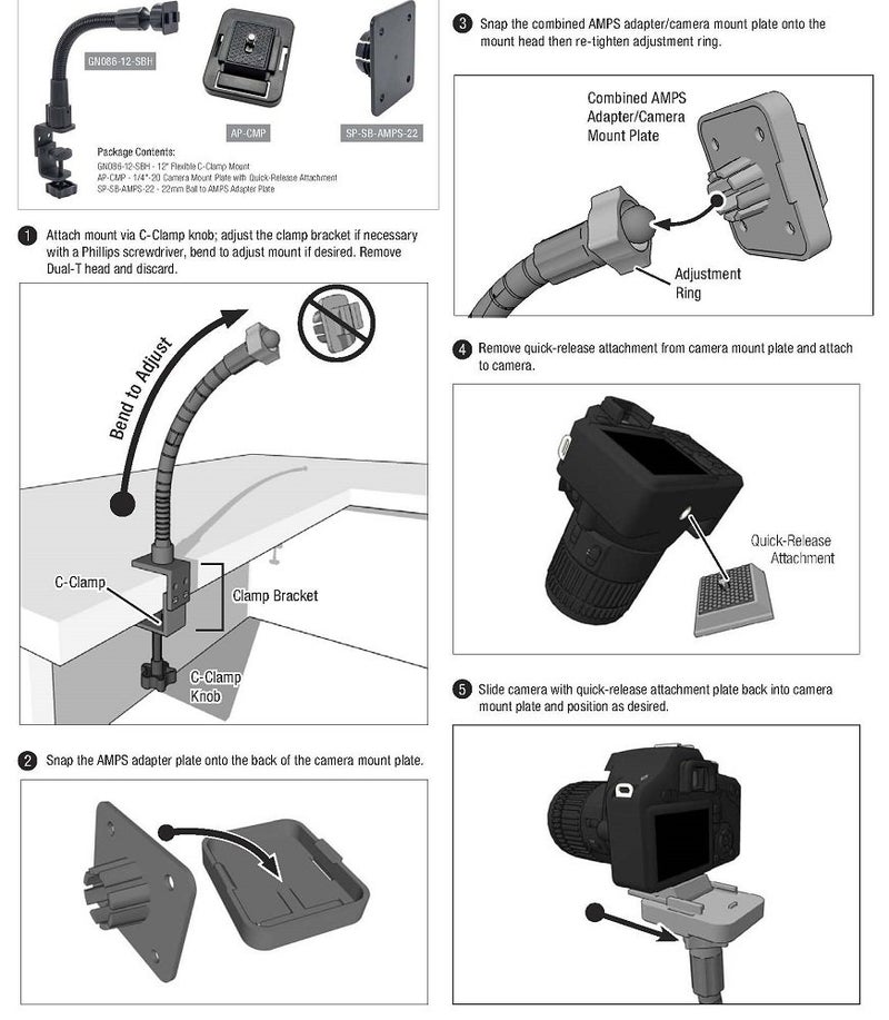 ARKON Mounts Camera Clamp Mount for Cameras | 1/4-20 Adapter | Firm Flexible 12" Gooseneck | Compatible with Canon, Nikon, Sony, Fujifilm, Spotting Scopes, and More Cameras | CMP186-12